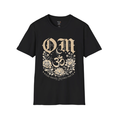 Black Om T-Shirt featuring sacred Om symbol artwork with grounded spiritual yoga-inspired styling.