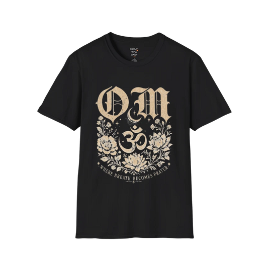 Black Om T-Shirt featuring sacred Om symbol artwork with grounded spiritual yoga-inspired styling.