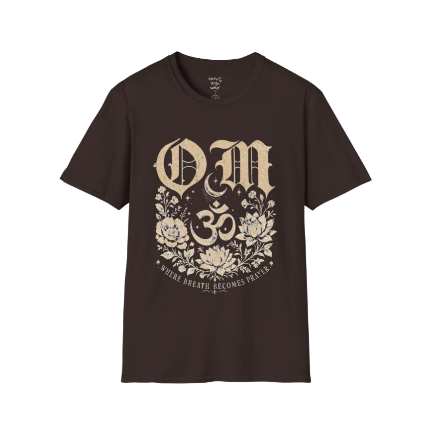 Dark Chocolate Om T-Shirt with vintage Om symbol graphic and calm mindful aesthetic.