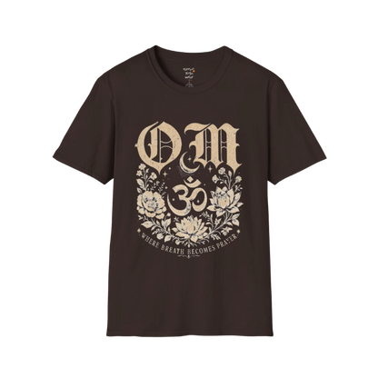 Dark Chocolate Om T-Shirt with vintage Om symbol graphic and calm mindful aesthetic.
