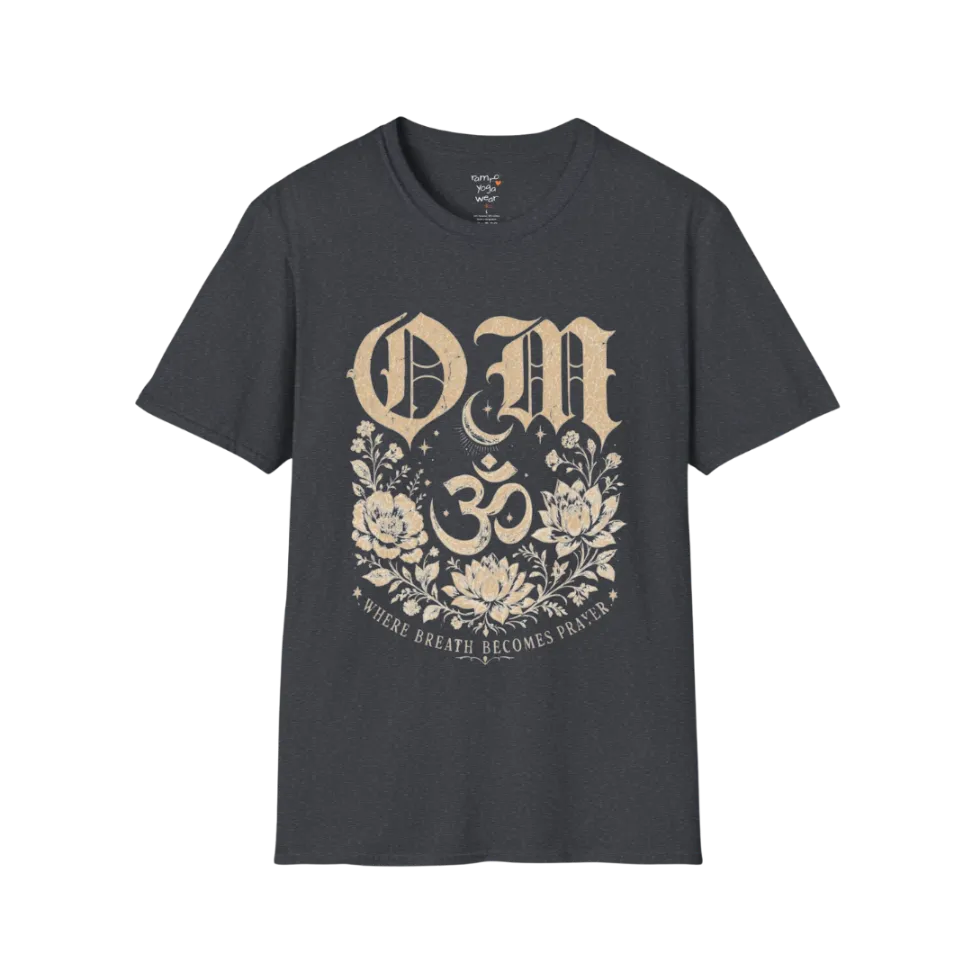Dark Heather Grey Om T-Shirt featuring celestial Om artwork with relaxed spiritual energy.