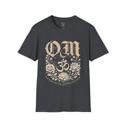 Dark Heather Grey Om T-Shirt featuring celestial Om artwork with relaxed spiritual energy.