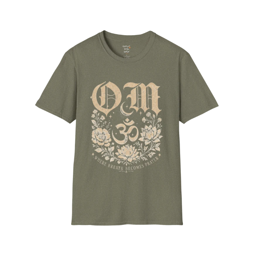 Heather Military Green Om T-Shirt with sacred Om symbol and earthy yoga-inspired styling.