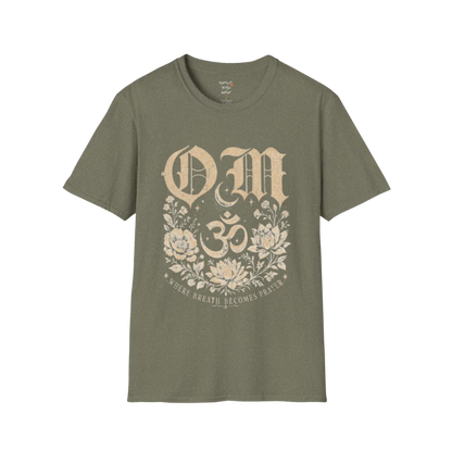 Heather Military Green Om T-Shirt with sacred Om symbol and earthy yoga-inspired styling.