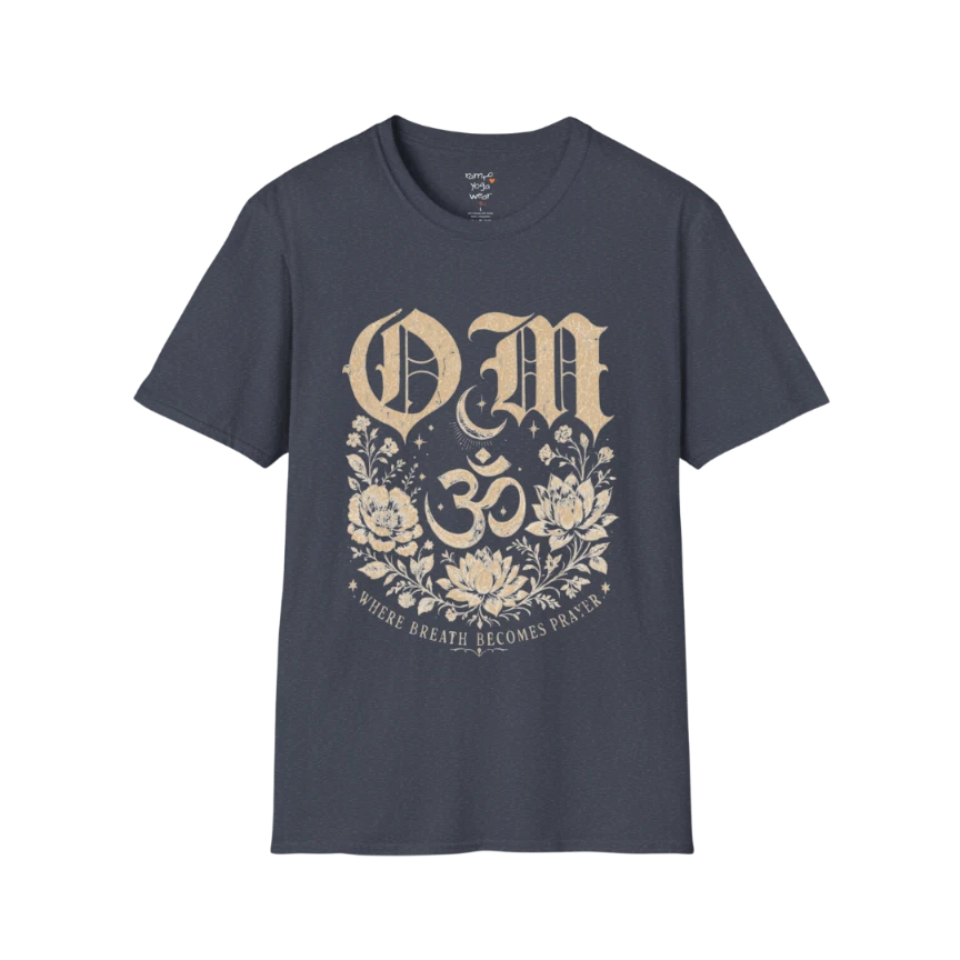 Heather Navy Om T-Shirt featuring vintage Om graphic with calm editorial yoga aesthetic.