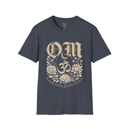 Heather Navy Om T-Shirt featuring vintage Om graphic with calm editorial yoga aesthetic.