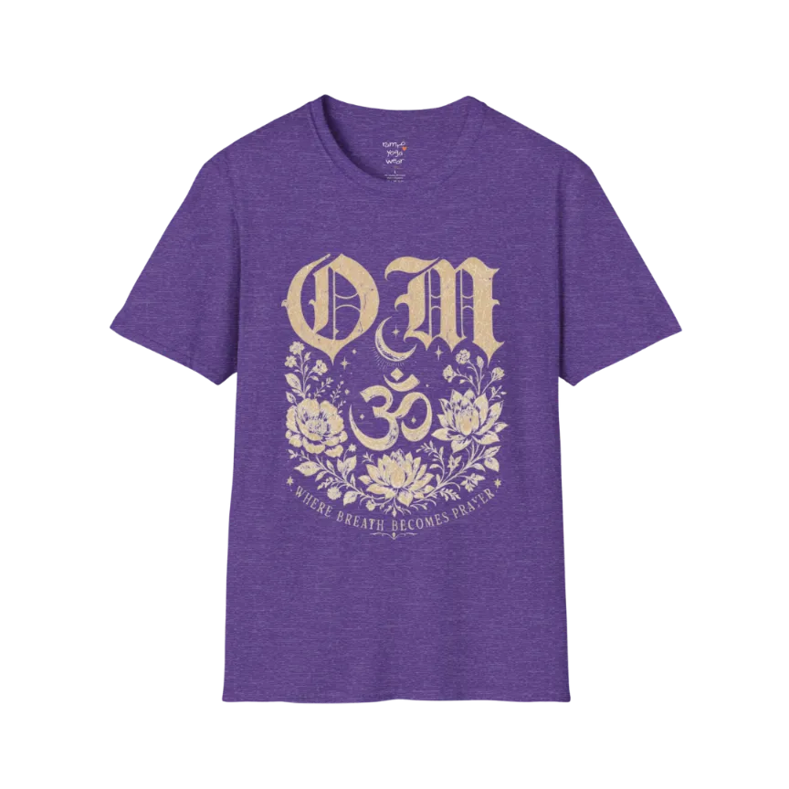 Heather Purple Om T-Shirt with spiritual Om artwork and grounded mindful styling.