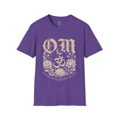 Heather Purple Om T-Shirt with spiritual Om artwork and grounded mindful styling.