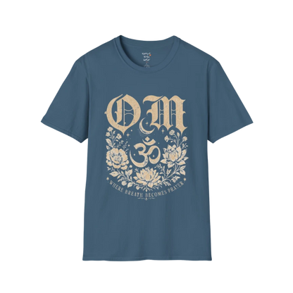 Indigo Blue Om T-Shirt featuring sacred Om symbol design with calm spiritual energy.
