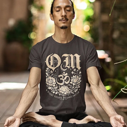Ramro Yoga Wear Om tee in Dark Chocolate — gothic OM symbol and lotus design, in meditation pose. 