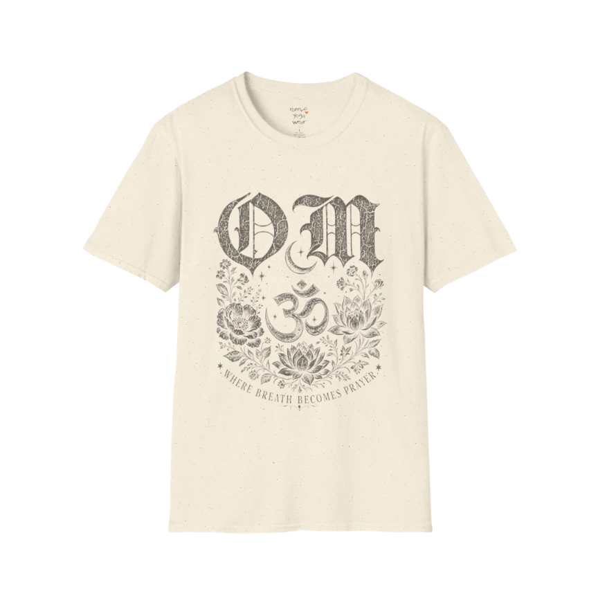 Natural Om T-Shirt featuring vintage Om symbol graphic with soft spiritual aesthetic.