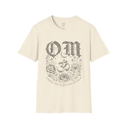Natural Om T-Shirt featuring vintage Om symbol graphic with soft spiritual aesthetic.
