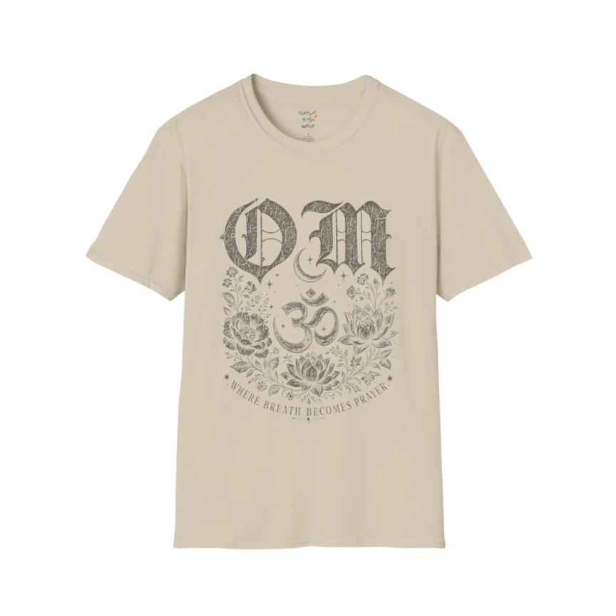 Sand Om T-Shirt with sacred Om artwork and grounded yoga-inspired styling.