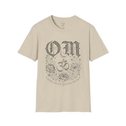 Sand Om T-Shirt with sacred Om artwork and grounded yoga-inspired styling.
