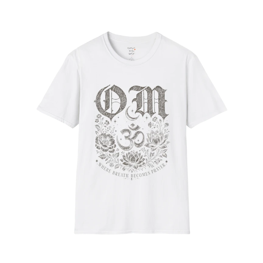 White Om T-Shirt featuring celestial Om symbol design in clean mindful graphic style.