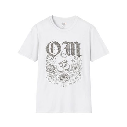 White Om T-Shirt featuring celestial Om symbol design in clean mindful graphic style.