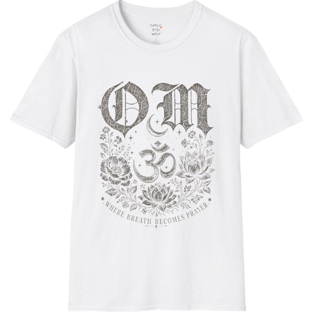 White Om T-Shirt featuring celestial Om symbol design in clean mindful graphic style.