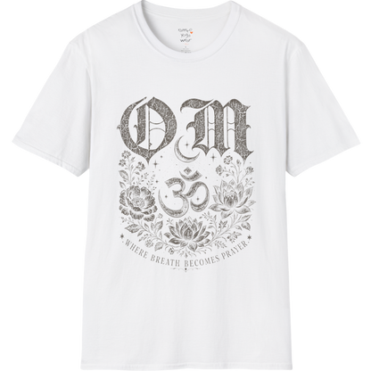 White Om T-Shirt featuring celestial Om symbol design in clean mindful graphic style.