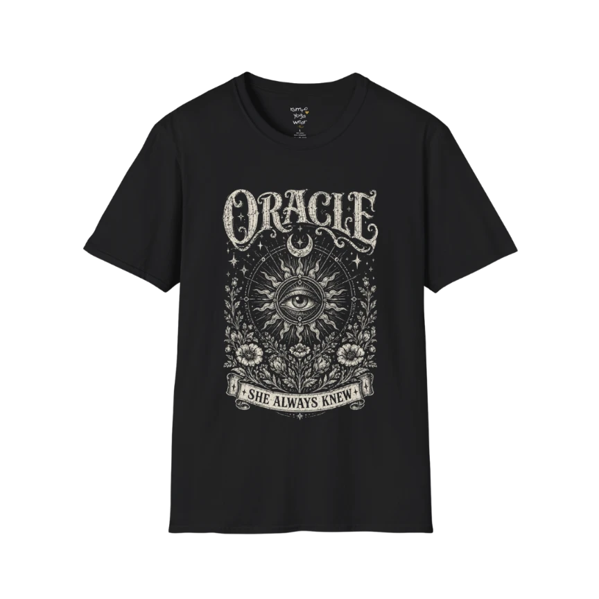Oracle T-Shirt in black featuring distressed mystical eye artwork with celestial sun rays, moon symbolism, and vintage botanical detailing.