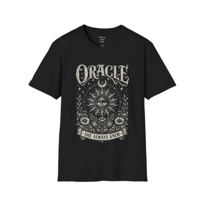 Oracle T-Shirt in black featuring distressed mystical eye artwork with celestial sun rays, moon symbolism, and vintage botanical detailing.