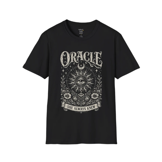 Oracle T-Shirt in black featuring distressed mystical eye artwork with celestial sun rays, moon symbolism, and vintage botanical detailing.