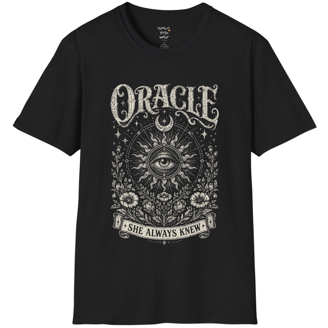 Oracle T-Shirt in black featuring distressed mystical eye artwork with celestial sun rays, moon symbolism, and vintage botanical detailing.