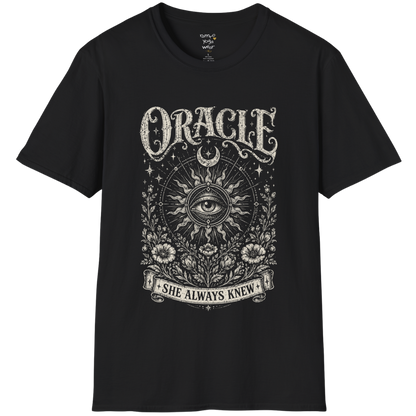 Oracle T-Shirt in black featuring distressed mystical eye artwork with celestial sun rays, moon symbolism, and vintage botanical detailing.