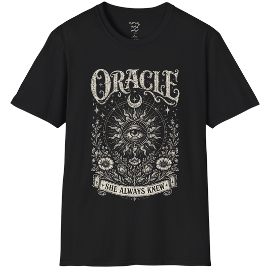Oracle T-Shirt in black featuring distressed mystical eye artwork with celestial sun rays, moon symbolism, and vintage botanical detailing.