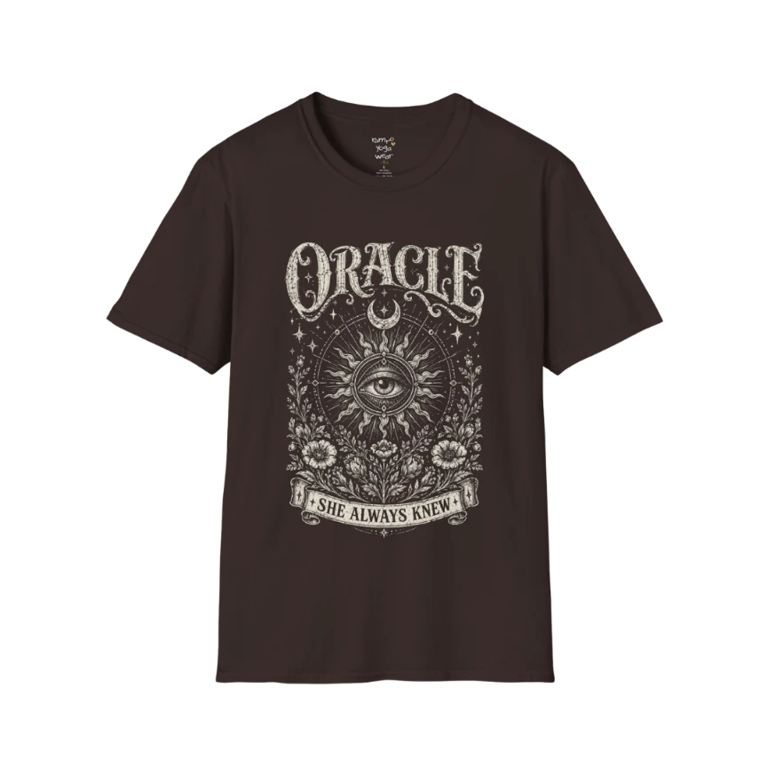 Oracle T-Shirt in dark chocolate featuring ornate all-seeing eye artwork with aged celestial linework and mystical vintage styling.