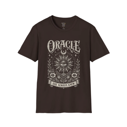 Oracle T-Shirt in dark chocolate featuring ornate all-seeing eye artwork with aged celestial linework and mystical vintage styling.