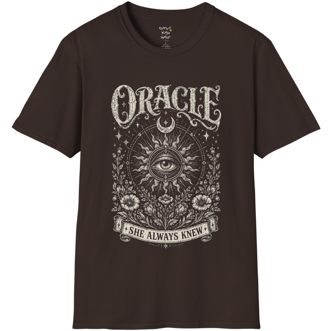 Oracle T-Shirt in dark chocolate featuring ornate all-seeing eye artwork with aged celestial linework and mystical vintage styling.