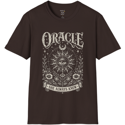 Oracle T-Shirt in dark chocolate featuring ornate all-seeing eye artwork with aged celestial linework and mystical vintage styling.