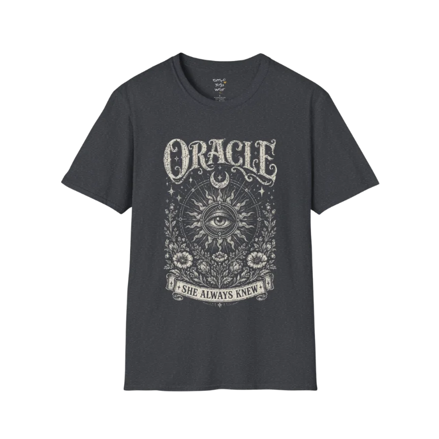 Oracle T-Shirt in dark heather grey featuring engraved-style celestial eye artwork with distressed spiritual vintage textures
