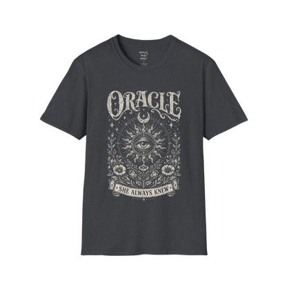 Oracle T-Shirt in dark heather grey featuring engraved-style celestial eye artwork with distressed spiritual vintage textures