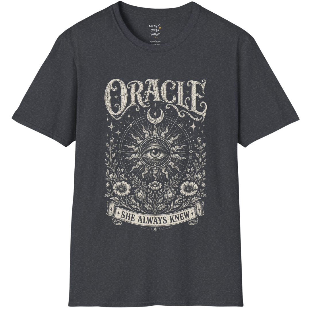 Oracle T-Shirt in dark heather grey featuring engraved-style celestial eye artwork with distressed spiritual vintage textures