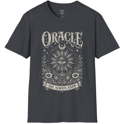 Oracle T-Shirt in dark heather grey featuring engraved-style celestial eye artwork with distressed spiritual vintage textures