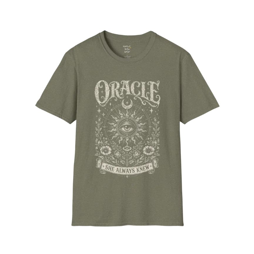 Oracle T-Shirt in Heather Military Green featuring mystical celestial artwork with sacred geometry and faded botanical line art