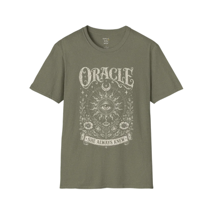 Oracle T-Shirt in Heather Military Green featuring mystical celestial artwork with sacred geometry and faded botanical line art