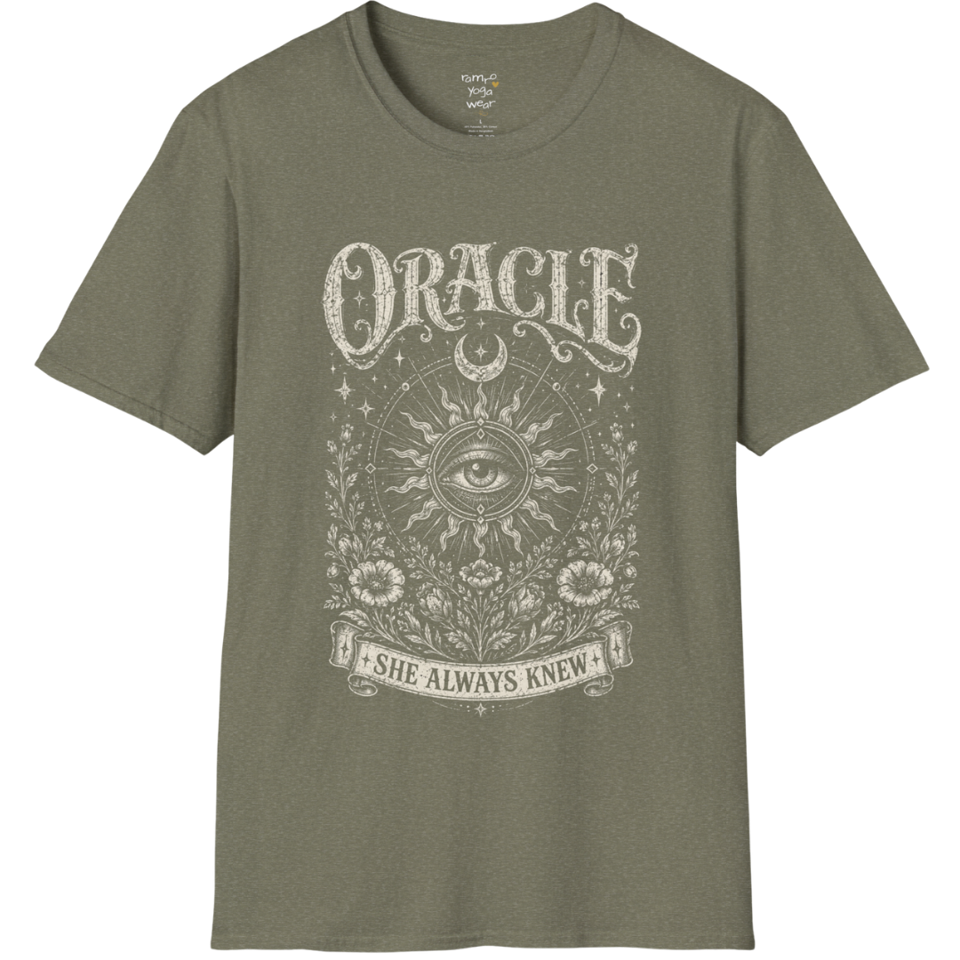 Oracle T-Shirt in Heather Military Green featuring mystical celestial artwork with sacred geometry and faded botanical line art