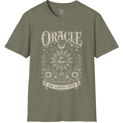 Oracle T-Shirt in Heather Military Green featuring mystical celestial artwork with sacred geometry and faded botanical line art