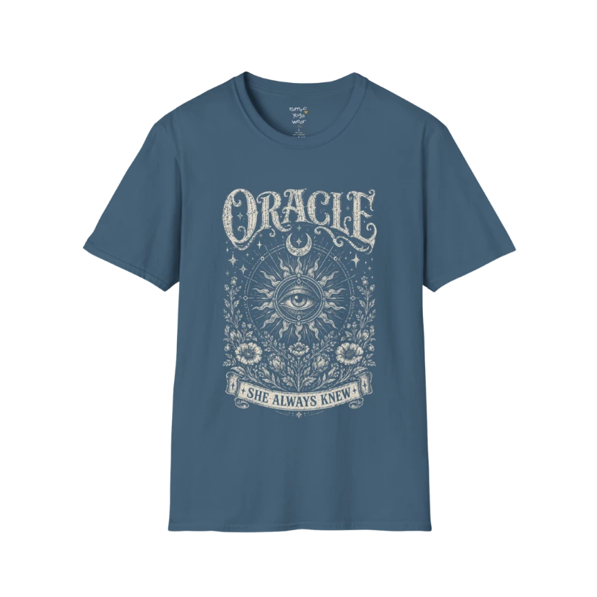 Oracle T-Shirt in Indigo Blue featuring radiant sun rays, all-seeing eye artwork, and worn vintage-inspired spiritual graphics.