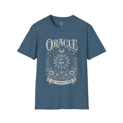 Oracle T-Shirt in Indigo Blue featuring radiant sun rays, all-seeing eye artwork, and worn vintage-inspired spiritual graphics.