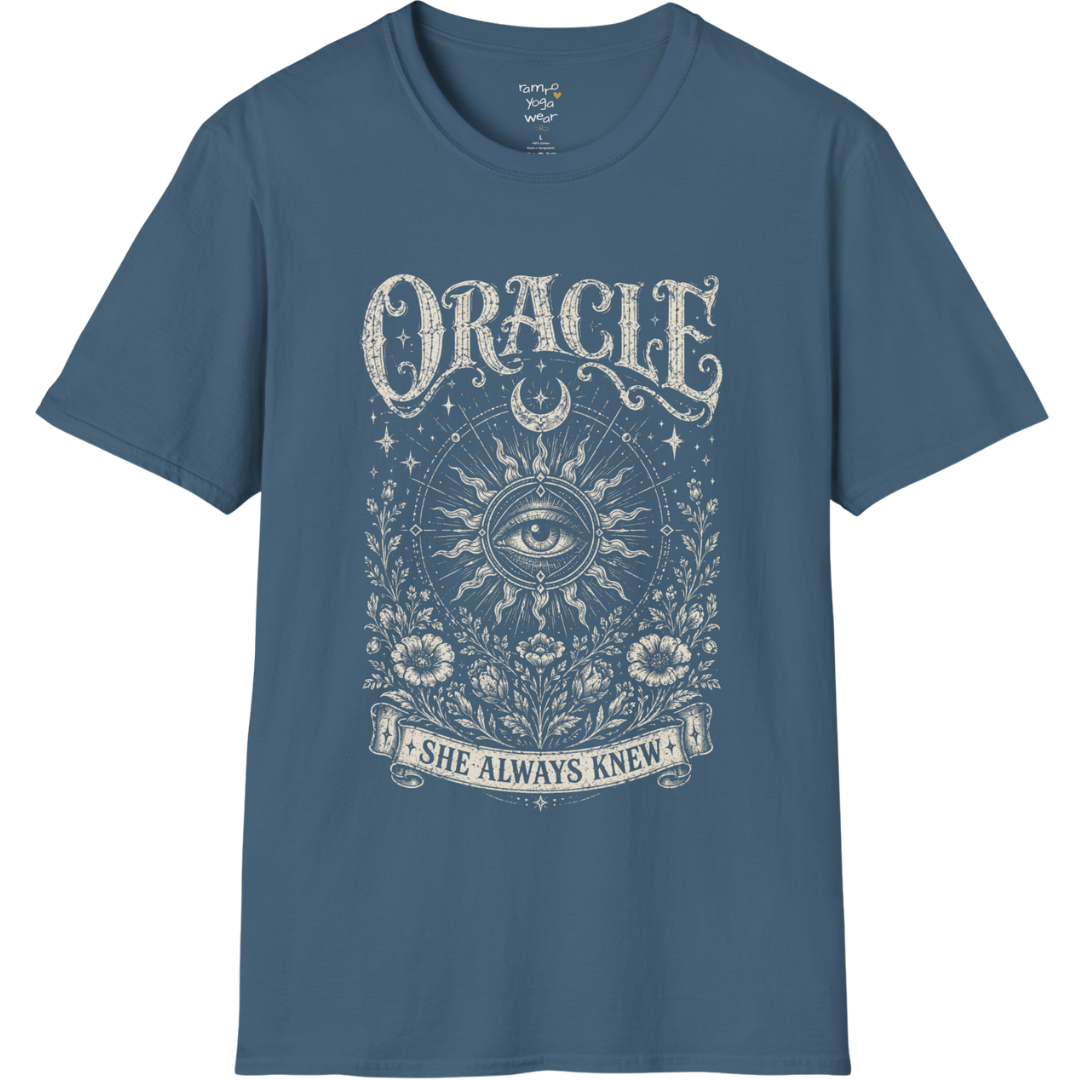 Oracle T-Shirt in Indigo Blue featuring radiant sun rays, all-seeing eye artwork, and worn vintage-inspired spiritual graphics.