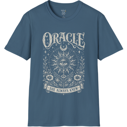 Oracle T-Shirt in Indigo Blue featuring radiant sun rays, all-seeing eye artwork, and worn vintage-inspired spiritual graphics.