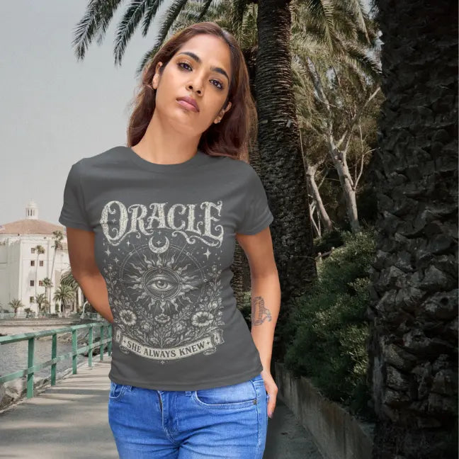 Oracle T-Shirt worn with vintage-inspired streetwear styling featuring mystical celestial eye artwork and distressed spiritual graphic print.