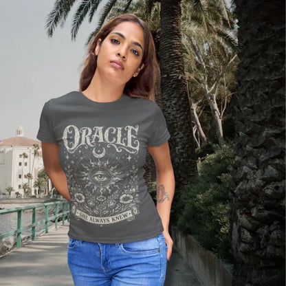 Oracle T-Shirt worn with vintage-inspired streetwear styling featuring mystical celestial eye artwork and distressed spiritual graphic print.
