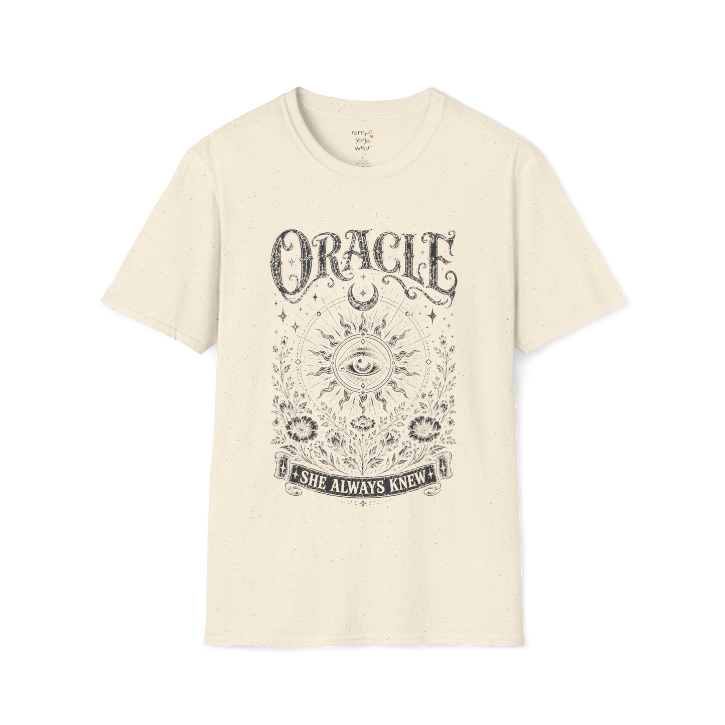 Oracle T-Shirt in natural featuring faded mystical eye artwork with celestial symbols and distressed botanical detailing.