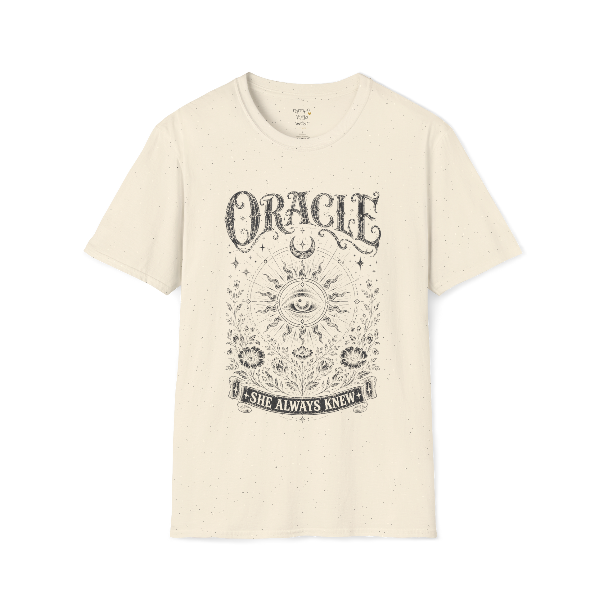 Oracle T-Shirt in natural featuring faded mystical eye artwork with celestial symbols and distressed botanical detailing.