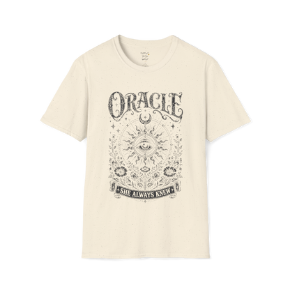 Oracle T-Shirt in natural featuring faded mystical eye artwork with celestial symbols and distressed botanical detailing.