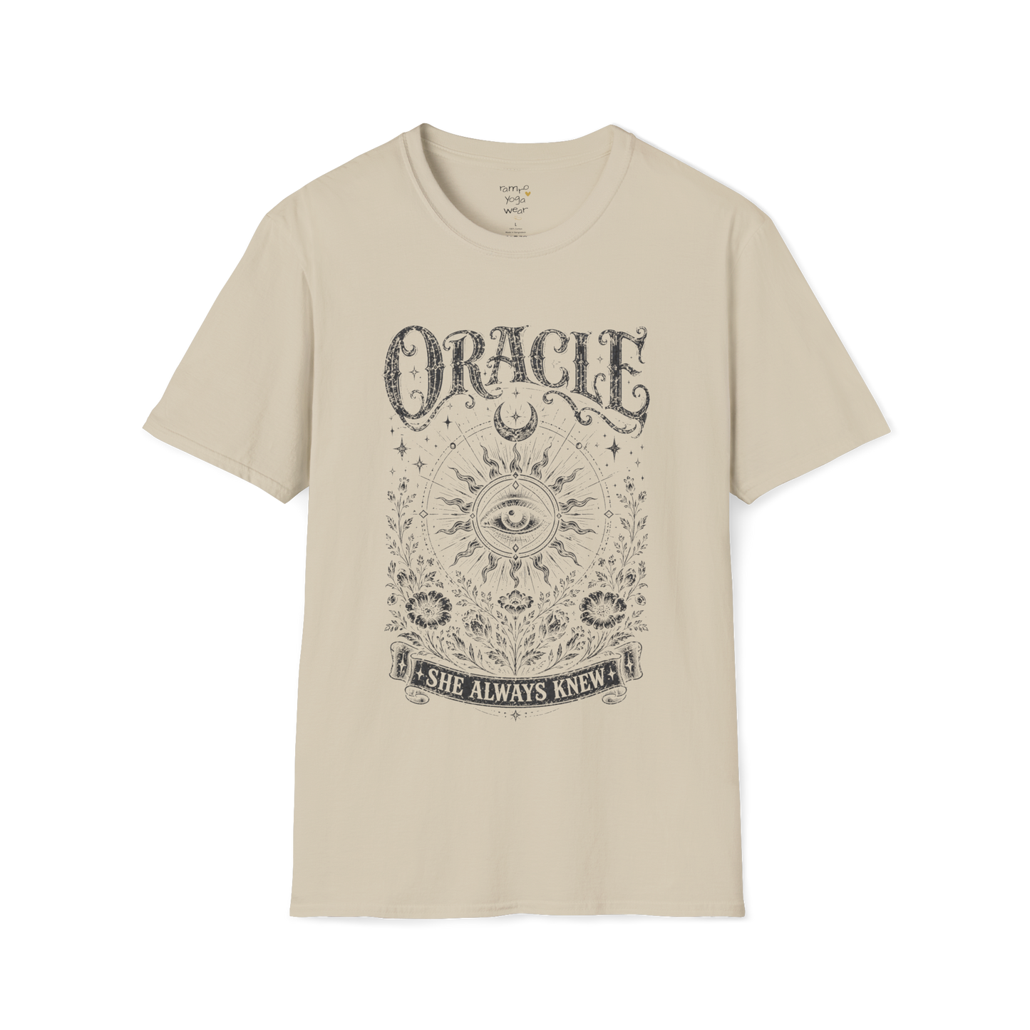 Oracle T-Shirt in sand featuring celestial eye illustration with sacred geometry and aged vintage screenprint styling.